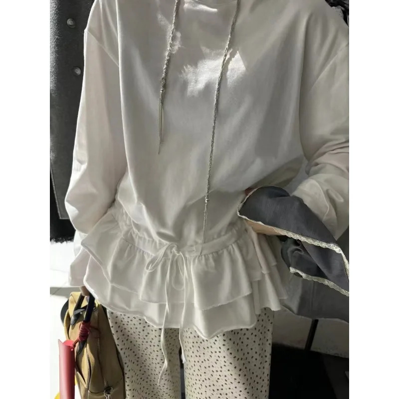 Deeptown Basic Gray Ruffles Knitwear Women Drawstring Long Sleeve Korean Fashion Pullovers Loose Solid Color Casual Autumn 250731