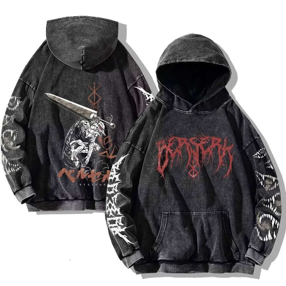 Mens Berserk Hoodies Gothic Print Vintage Washed Hip Hop Streetwear Cotton Sweatshirts Y2k Oversized Hoodie - view 5