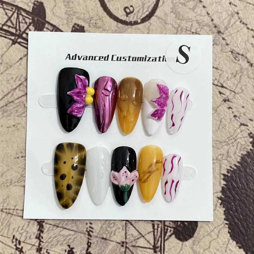 Handmade Press-On Nails with 3D Hand-Carved Flower Design - 10 Piece Set Elegant and Fashionable Nail Tips R250807
