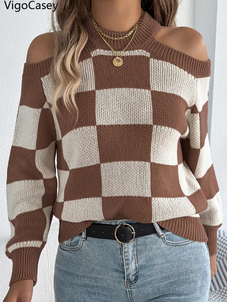 VigoCasey Winter Casual Off Shoulder Knitted Sweater Women Hollow Long Sleeve Pullover Autumn Lady Plaid Patchwork Jumper 250731
