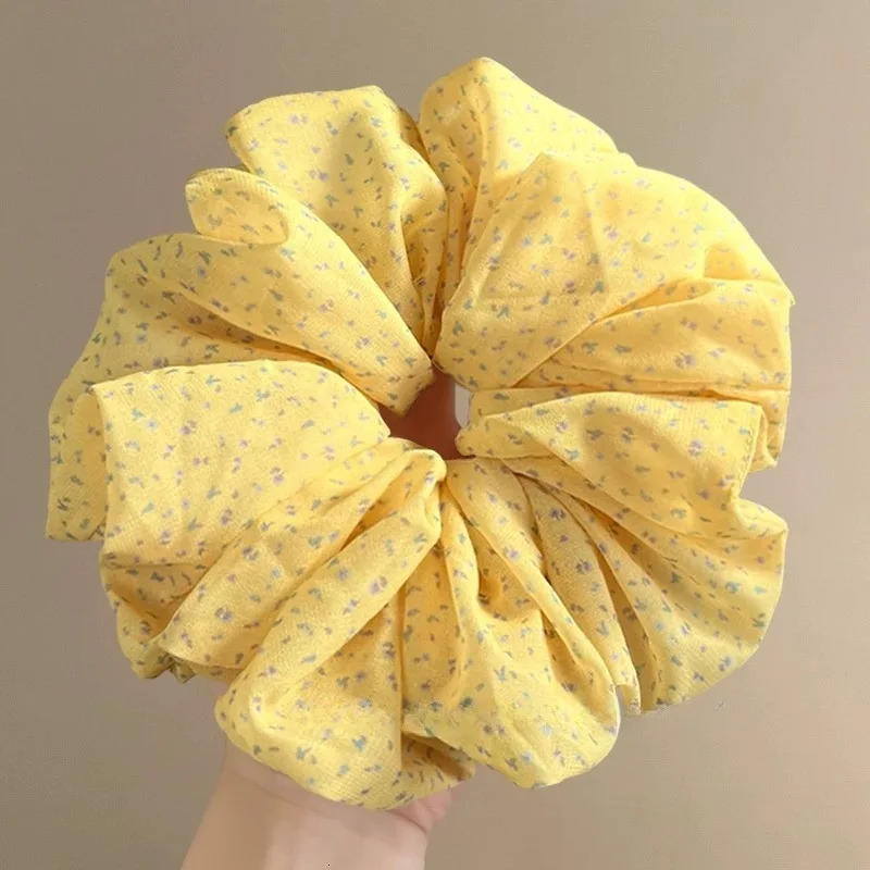 Yellow Floral Print Chiffon Scrunchie with Elastic Band for Womens Girls Ponytail and Bun Hairstyles Hair Accessories 250730