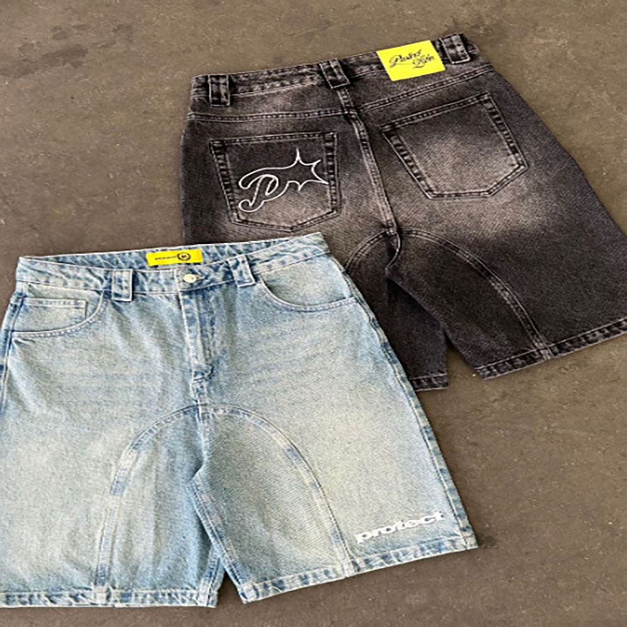 Men's Shorts Lightweight Quick-Drying Retro casual American street embroidery trend loose Harajuku washed denim five quarter shorts summer