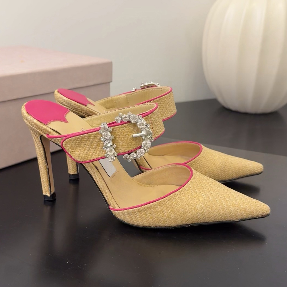 New crystal-embellished buckle Pointed toe Pumps shoes Stiletto Heel mules slippers Rhinestone chain sandals women Luxury Designers shoe factory footwear With box