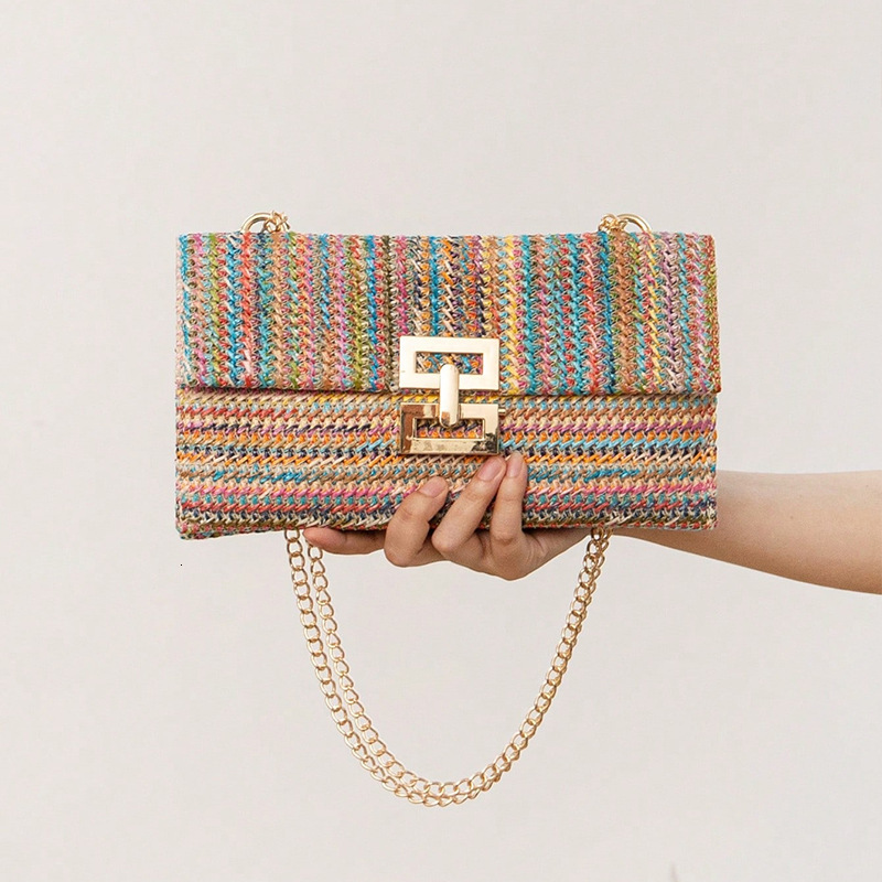 2025 New Vacation Style Multi-compartment Chain Flap Twist Designer Tote Purse Woven Shoulder Cross-border Women's Bag