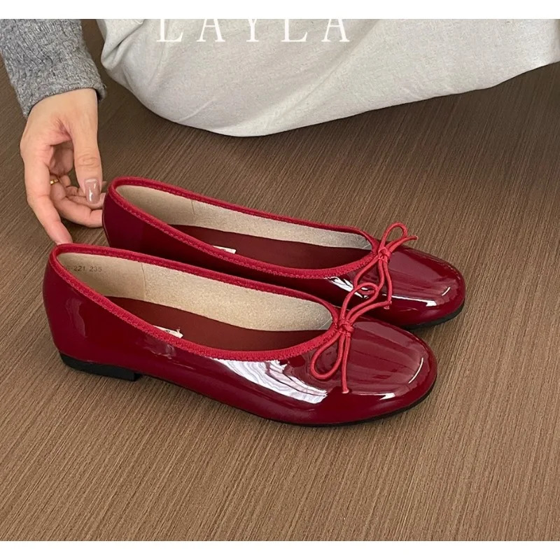Red Elegant Bowknot Round Toe Womens Flat Shoes Comfort Slip-On Ladies Ballerina Single Mules Shoes Zapatos Mujer 250731