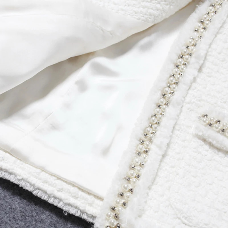 White tweed women jacket Handmade beads spring autumn winter woolen coat Wool classic Ladies 250731