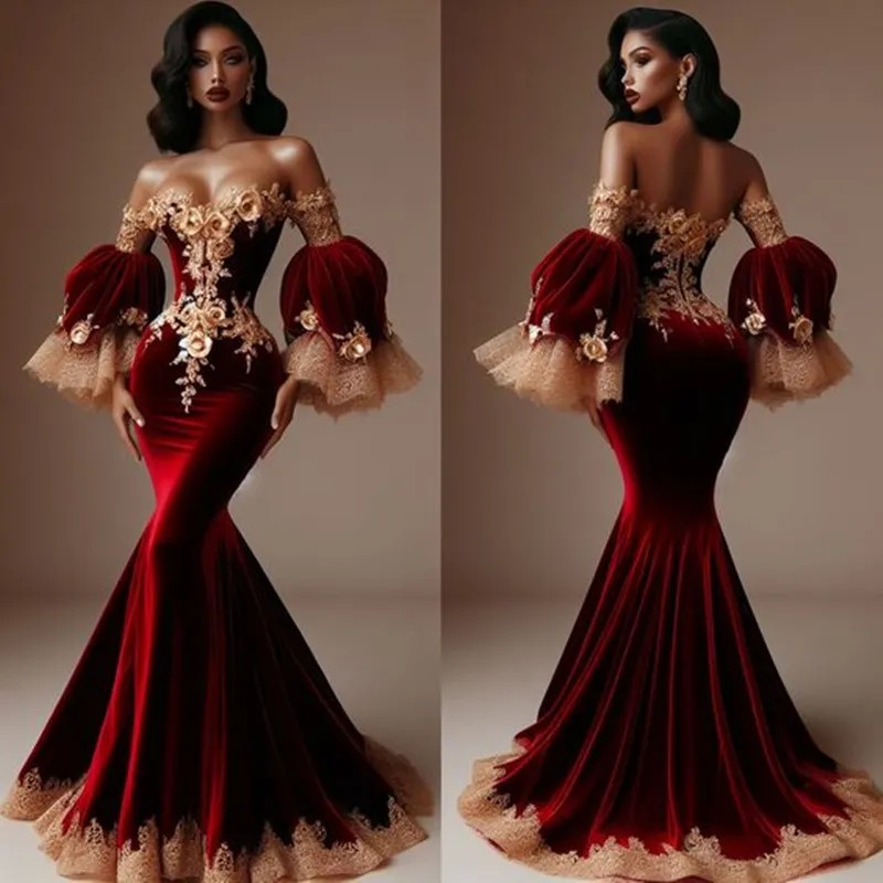 Sexy Dark Red Veet Mermaid Prom dresses With Gold ral Lace Appliques or Length Elegant Formal Evening Gowns Long Sleeves Engagement Dress For Women