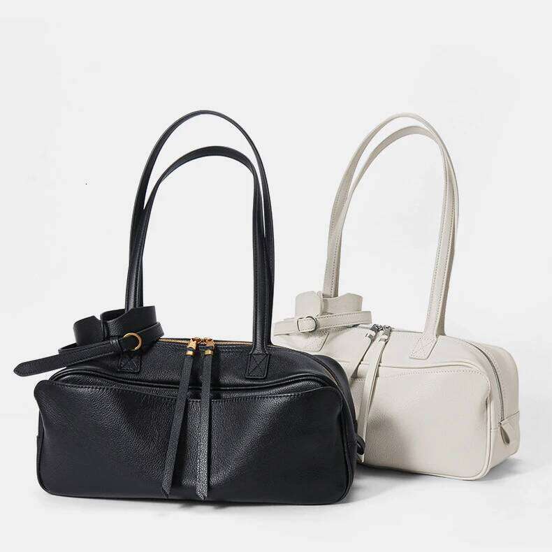 Free Gold Stamping Letter Spring and Summer Genuine Leather Bowling New Women's Bag Simple First Layer Cowhide Boston