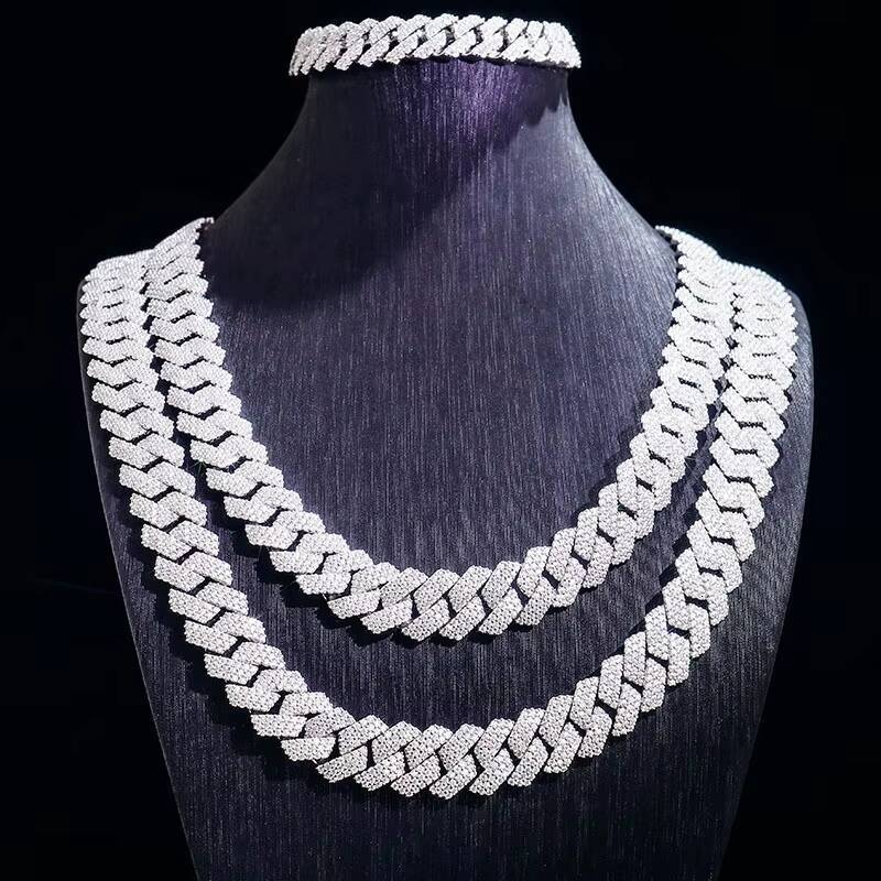 Hot Selling S925 Silver Iced Out Cuban Link Hiphop Jewelry 15mm Pass Diamond Tester D VVS Moissanite Cuban Chain Necklace