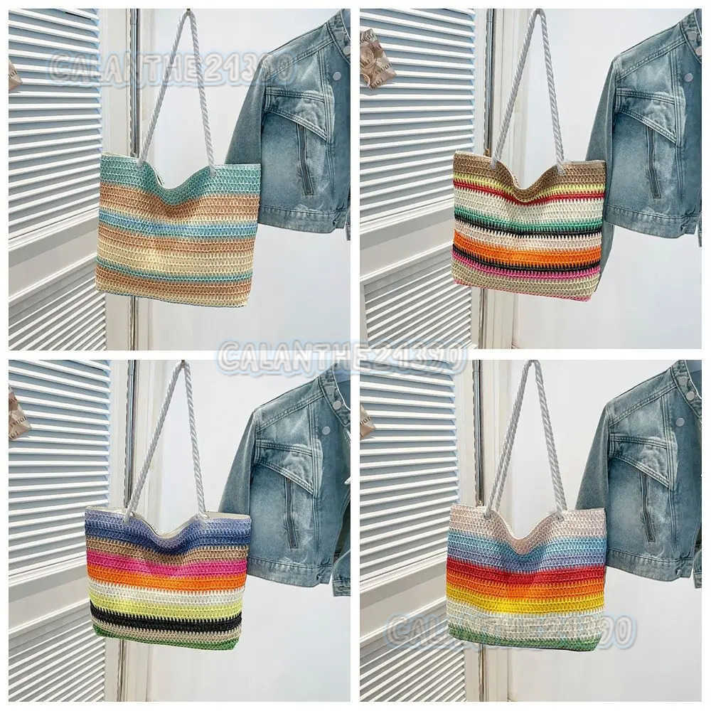 Simple Beach Handbag Strip Weave Bag Bohemian Style Lazy Style Rainbow Beach Bag Large Capacity Hollow Tote Bag Vacation H250801