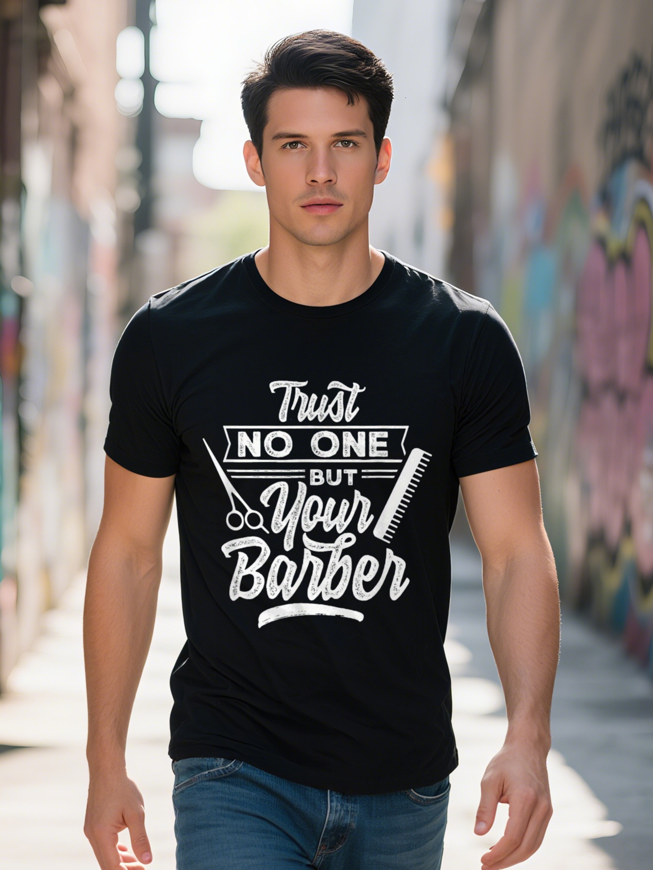Men's 220g 100% Cotton T-Shirt - Don't Trust Your Graphic Print, Matching Tools, Casual Black Short Sleeve Crew Neck T-Shirt, Barber Accesso