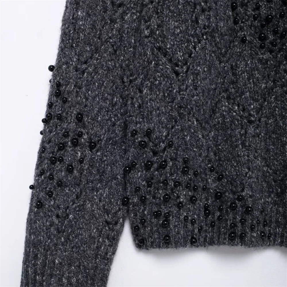 RARF Autumn European and American Style Asymmetric Sexy Off Shoulder Hollow Beaded Knitted Sweater 250731