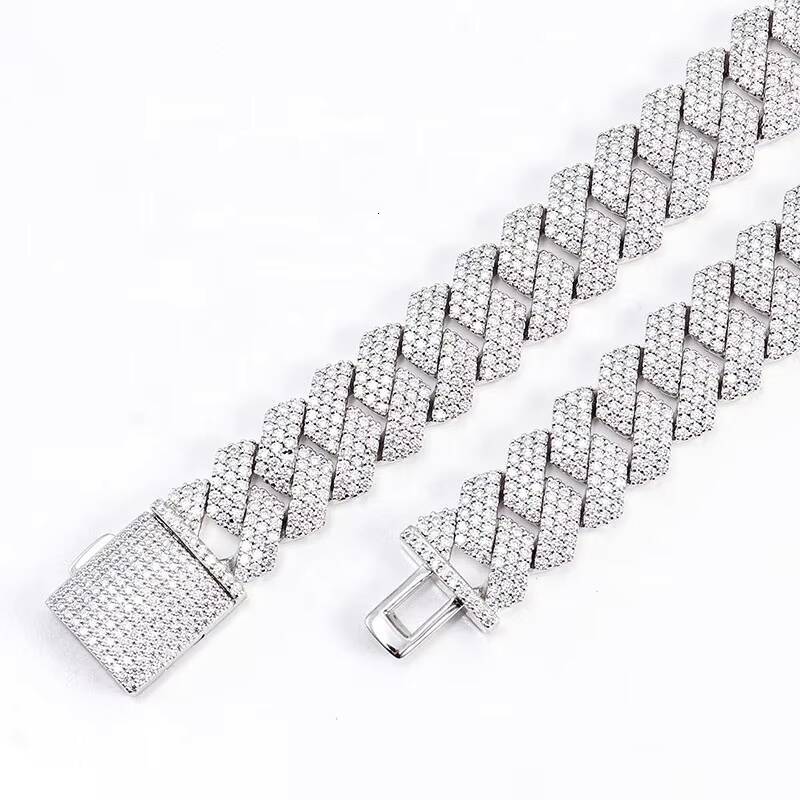Hot Selling S925 Silver Iced Out Cuban Link Hiphop Jewelry 15mm Pass Diamond Tester D VVS Moissanite Cuban Chain Necklace