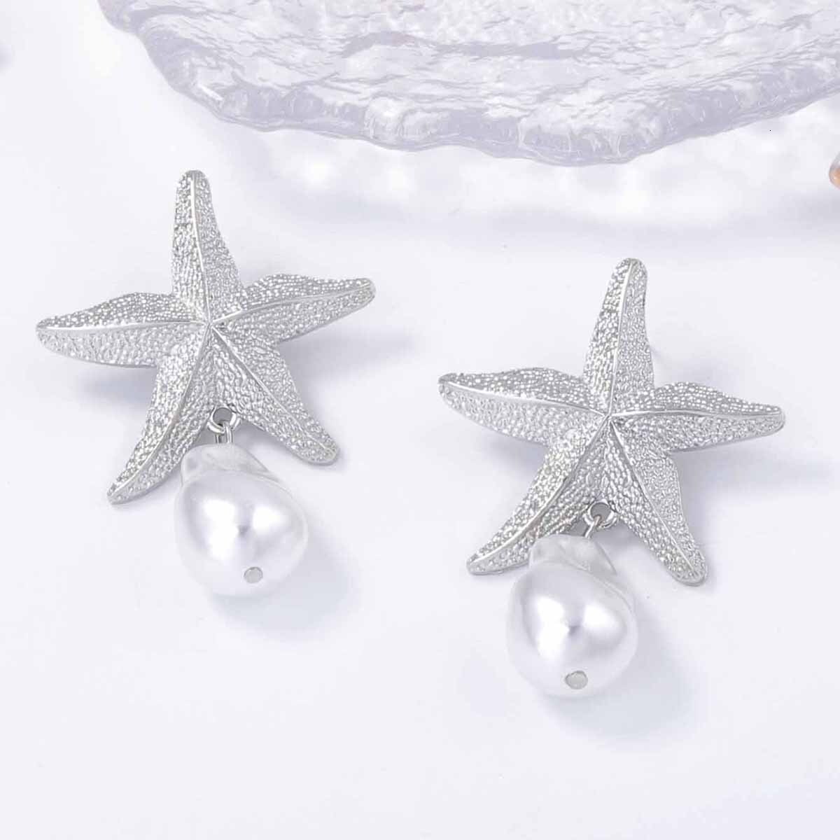 ZA Ocean Leisure Vacation Fashion Simple Alloy Starfish Imitation Pearl Pendant Earrings Versatile Women's Style