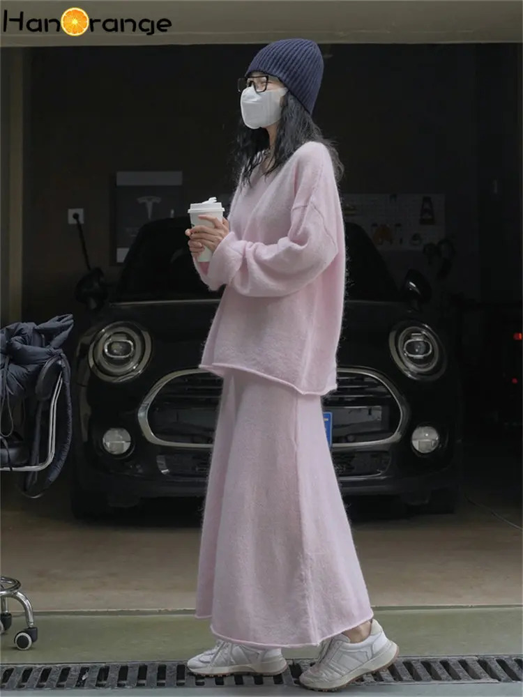 HanOrange Spring Lazy Vneck Mohair Sweater Women Loose Comfortable Hollow Knit Top Female Pinkcoffee 250731