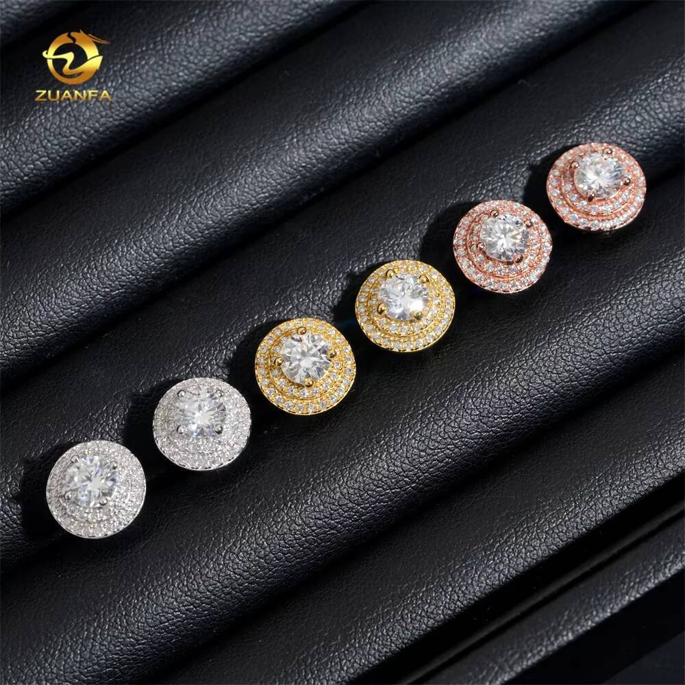 Hot Sale High Quality Two Row Halo 5mm Center Diamond Stud 925 Silver 18k Gold Stud Moissanite Earrings