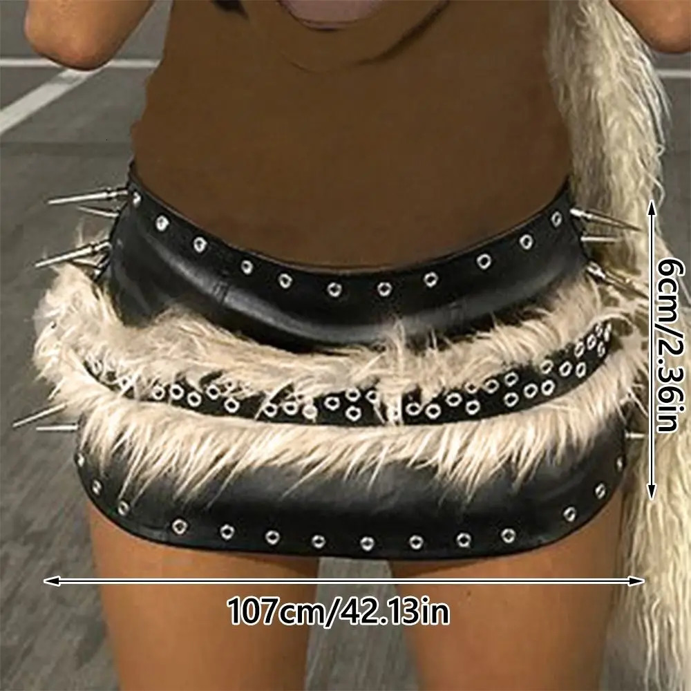 Punk PU Leather Fur Belt Y2K Metal Studded Plush Waist Chain Faux Fur Belts Furry Sexy Vintage Waistband Hiphop Jeans Belt 250814