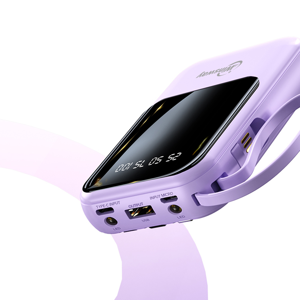 Winsway 10000mAh portable lanyard charger - fast charging portable power bank with LED display lighting, built-in cable, 4-in-1 USB C/Type-C input/out