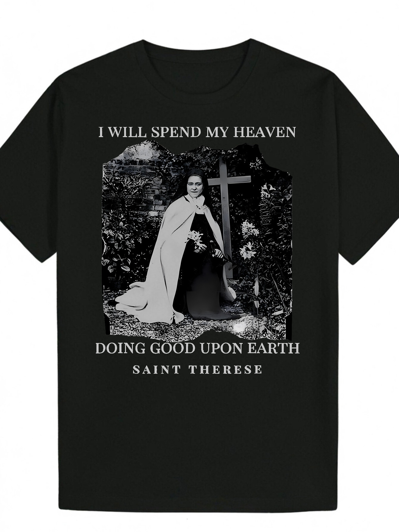 Men's Saint Teresa Graphic T-Shirt - Summer Casual Crew Neck, Black Polyester T-Shirt, Inspired by Poetry and Roman Cross Design