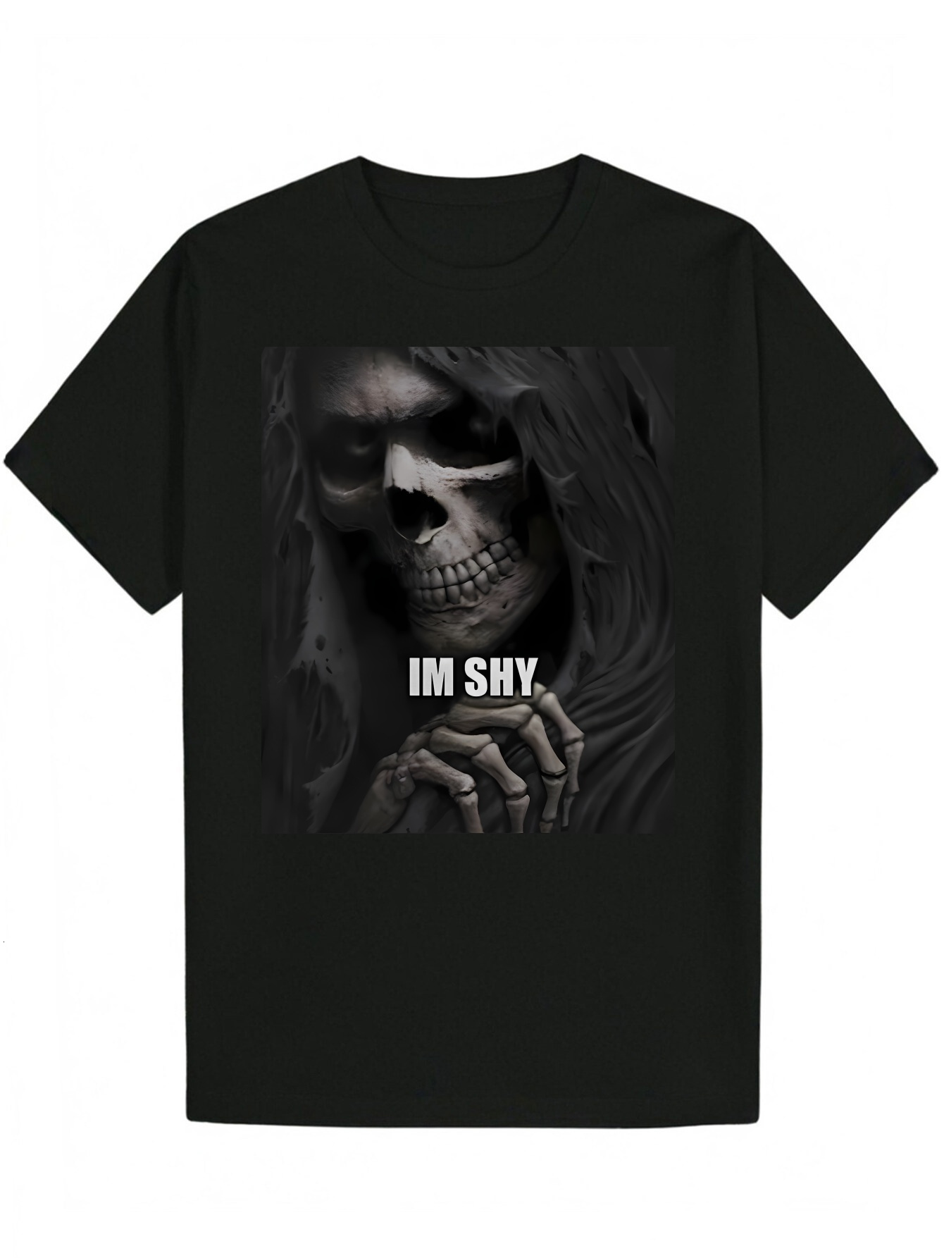 Men's Summer - 'Im Shy' Skull Pattern, Black Polyester Crew Neck T-Shirt, Lightweight and Breathable, Suitable for Casual Wear, Everyda