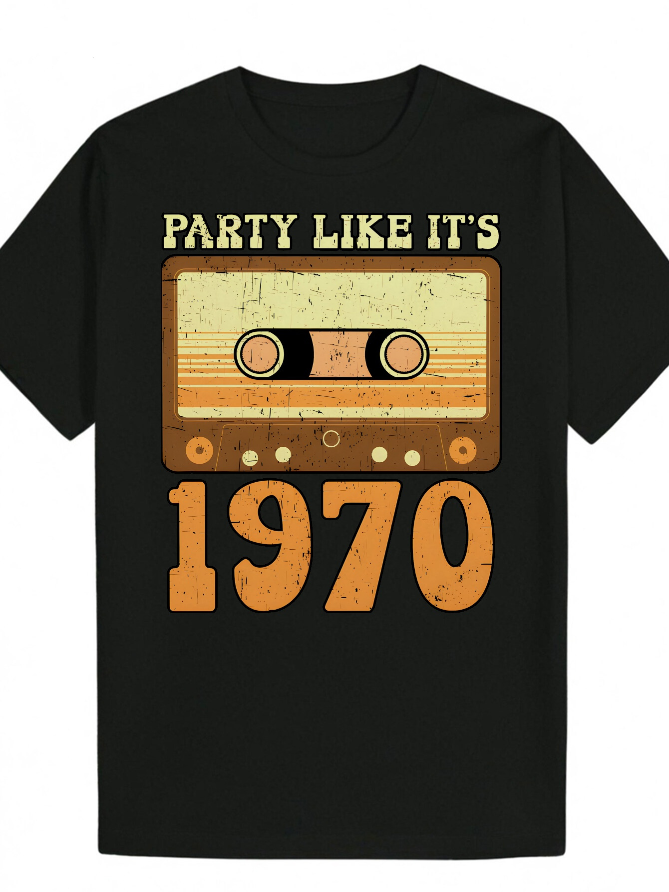 1970s Pattern Men's - 'Party Like Its 1970' Distressed Design, Black with Orange/Yellow Letters, Lightweight Polyester Crew Neck Summer