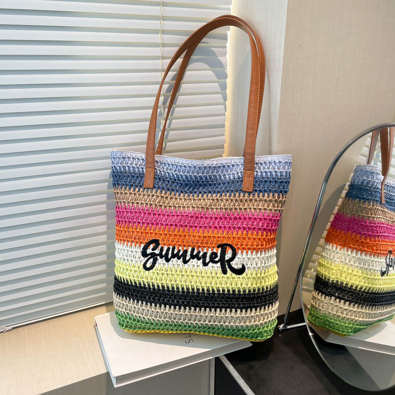 Women's Fashion Rainbow Stripe Knitted Bag Free Shipping Designer Luxury Letter Embroidered Handbag Leisure Vacation Beach Bag Single Shoulder Sh