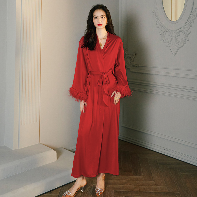 Women's long-sleeved satin ice silk pajamas with feather-trimmed nightgown, camisole long pants and homewear set