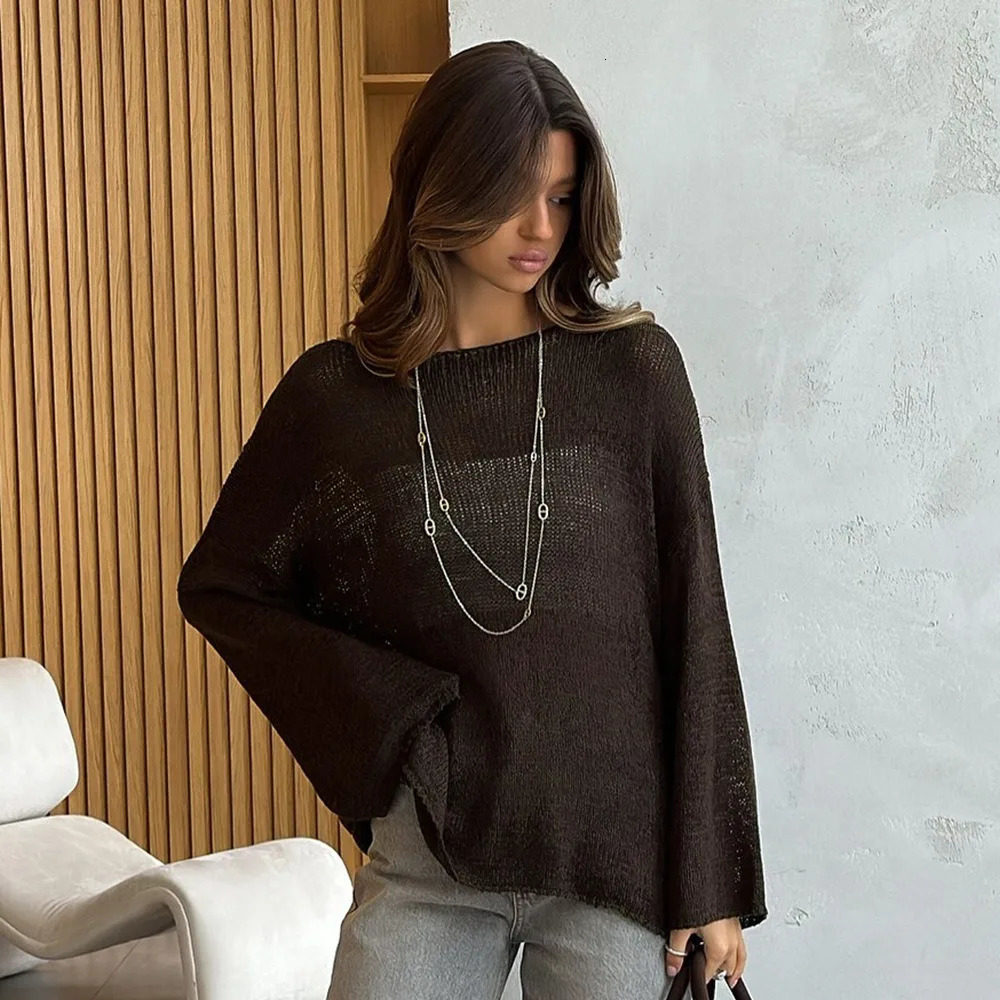 Simple Long Sleeved Cotton Knit Sweater Spring and Summer Women Micro Perspective Solid Color Versatile Elastic Loose Casual Top 250731