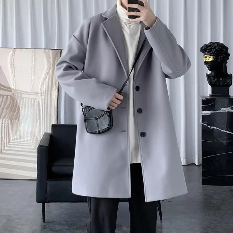 Fashion Mens woolen Coats Solid Color Single Breasted Lapel Long Coat Jacket Casual Overcoat Trench Spring and Autumn 250729