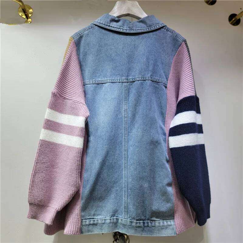 hoodie Fashion New Women's Patchwork Striped Knit Denim Coat Winter Long Sleeves Lapel Jacket Female 1LS521 jacket