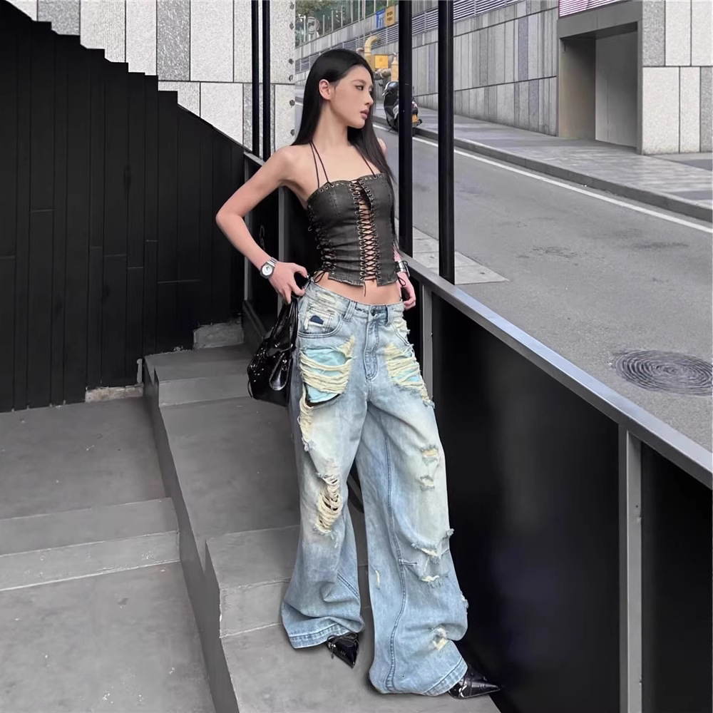 2025 Summer New Street Style Women's Low Waist Wide Leg Tear Thin Loose High Waist Long Beggar Pants Designer Jeans Designer Pants Women's J