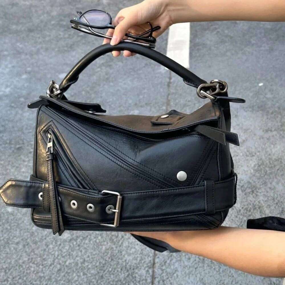 Y2K Retro Punk Moto Style Tote Rivet Splicing Design Fashion Handbag PU Leather Large Capacity Women Crossbody Bag