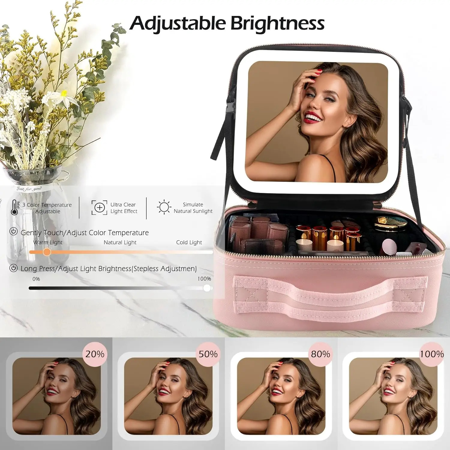 Makeup Bag with Mirror and Light Large Travel Train Case Cosmetic Organizer Portable Storage with Adjustable Dividers for Gifts 250731