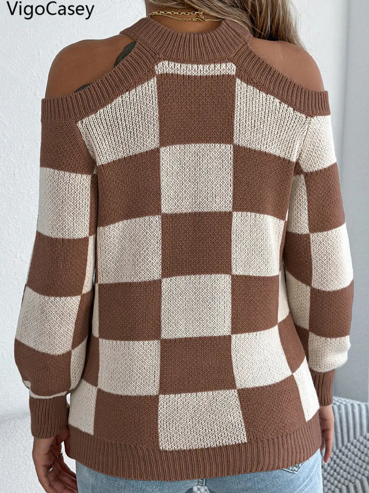 VigoCasey Winter Casual Off Shoulder Knitted Sweater Women Hollow Long Sleeve Pullover Autumn Lady Plaid Patchwork Jumper 250731