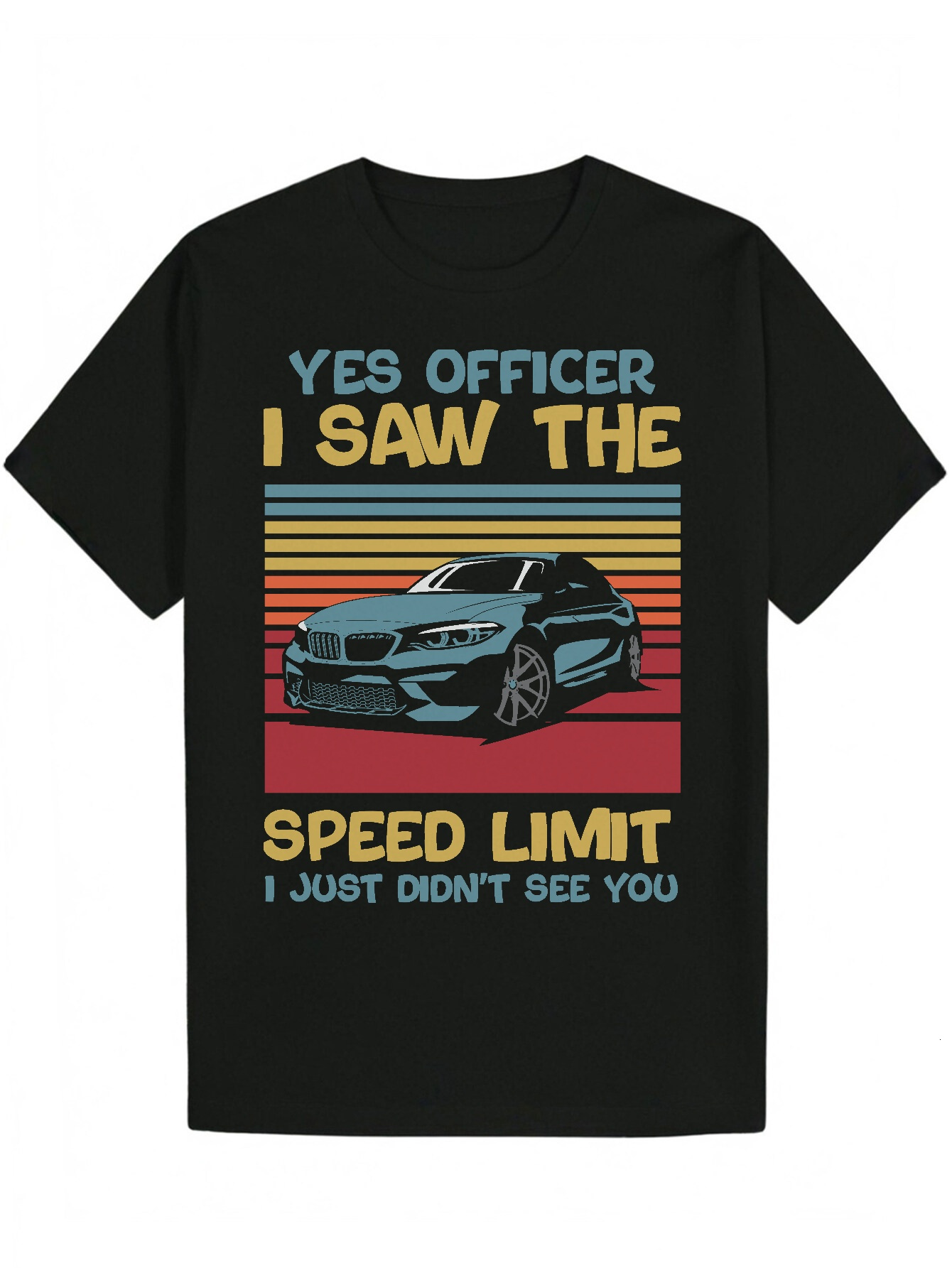 Men's Summer Casual Pattern - Bold 'YES OFFICE' and Speed Limit Humor Design, Black Polyester T-Shirt with Vibrant Sunset Stripes, Regu