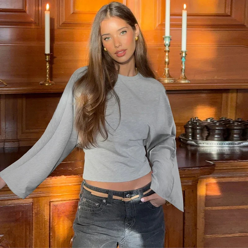 Talenza Casual Solid T Shirt Womens O Neck Long Sleeve Pullover Folds Short Top Female Autumn Basic Fashion Loose 250731