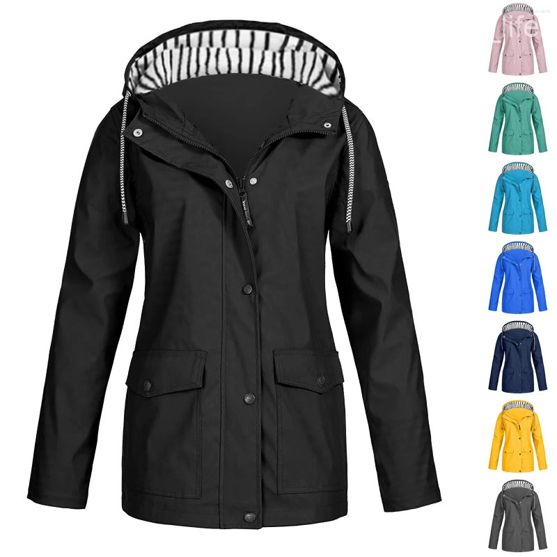 Womens Jackets Raincoat Women Waterproof Long Hooded Trench Coats Lined Windbreaker Travel Jacket Solid Stripe Rain Outdoor Plus Waterpr