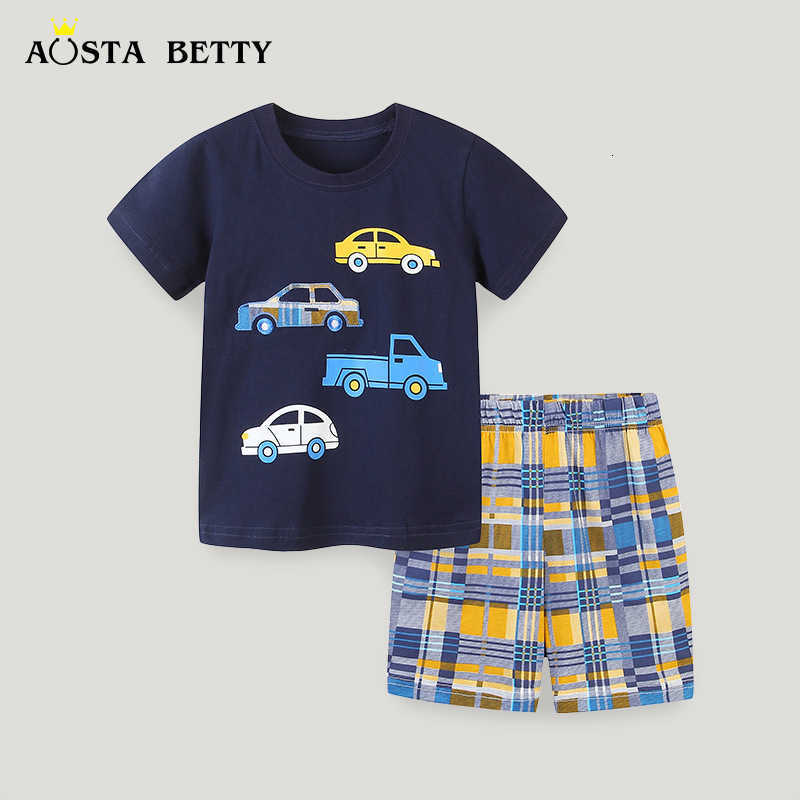 Clothing Sets Summer new children's T-shirt set knitted cotton style boys' short sleeve two piece pullover with cartoon printing and embroid