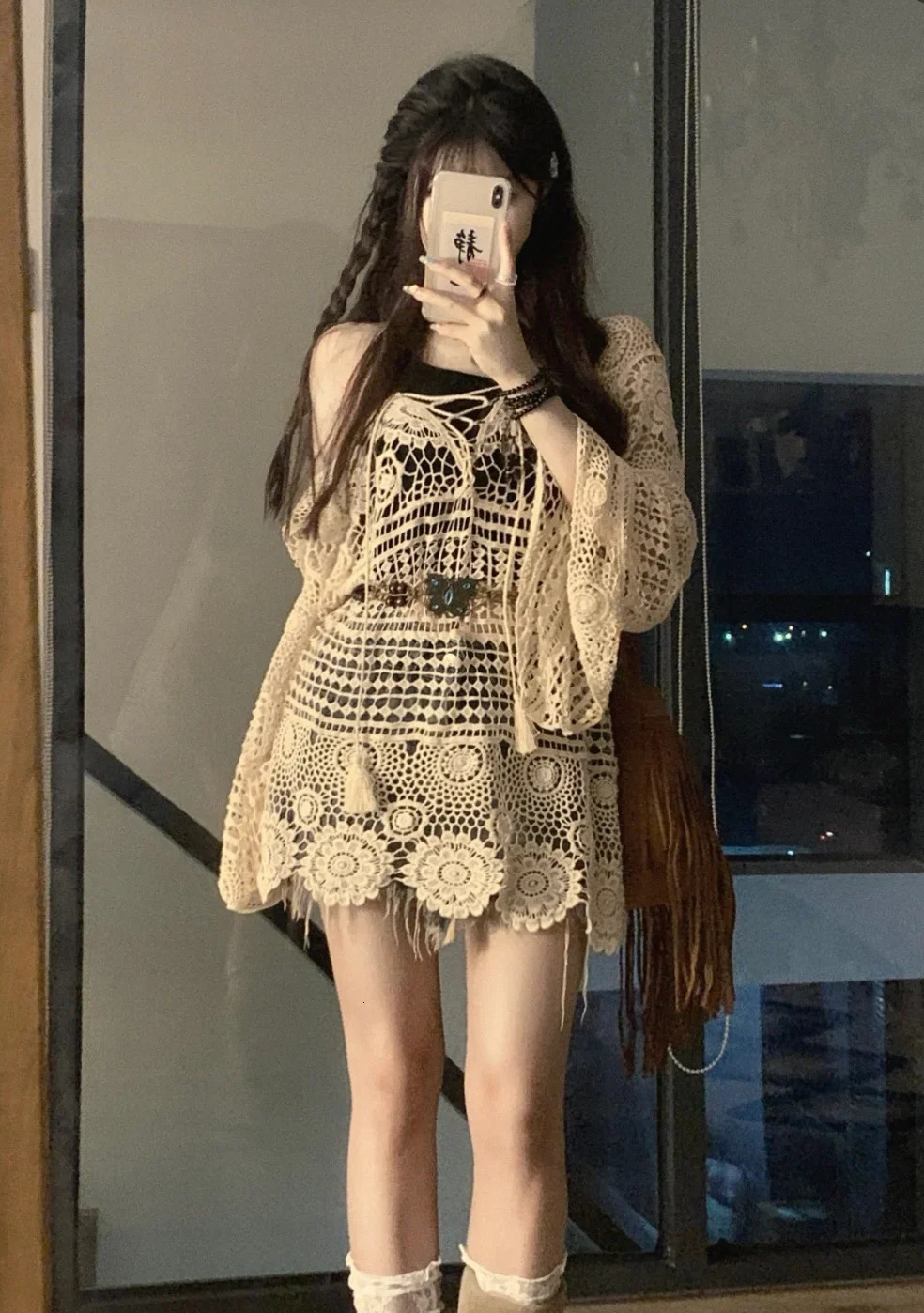 Crochet Tunic Top Boho Women Summer Beach Wear Lantern Sleeve Tassel VNeck Open Knit 250731