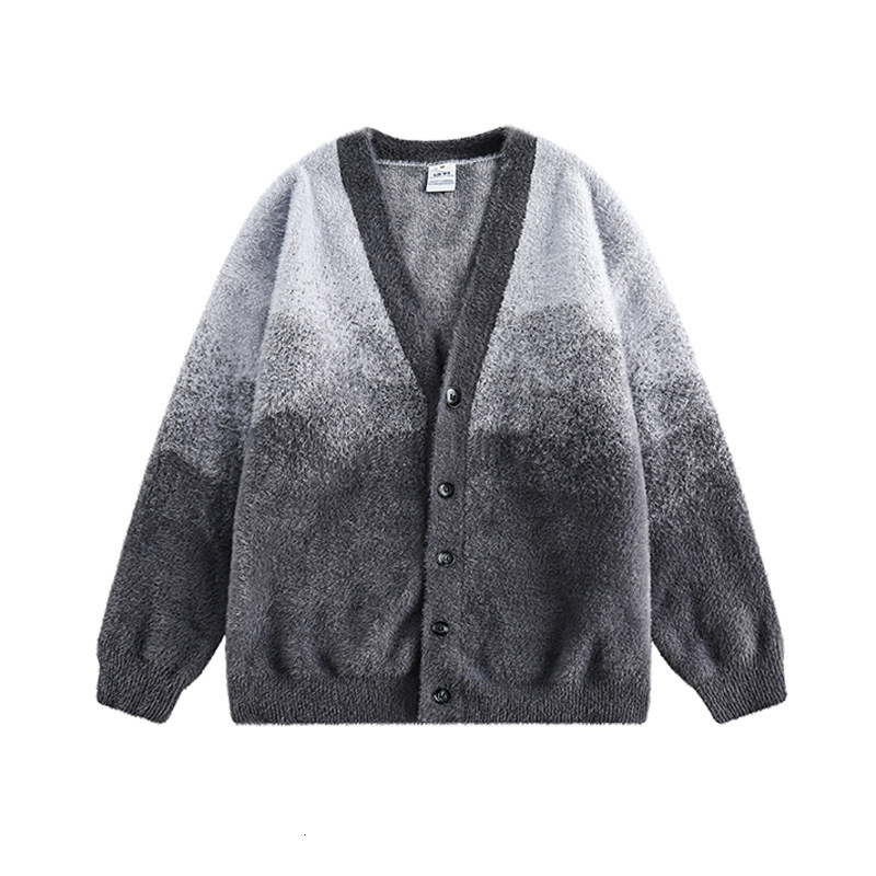 Trendy gradient plush V-neck cardigan sweater for men and women loose and lazy versatile knitted jacket y240827