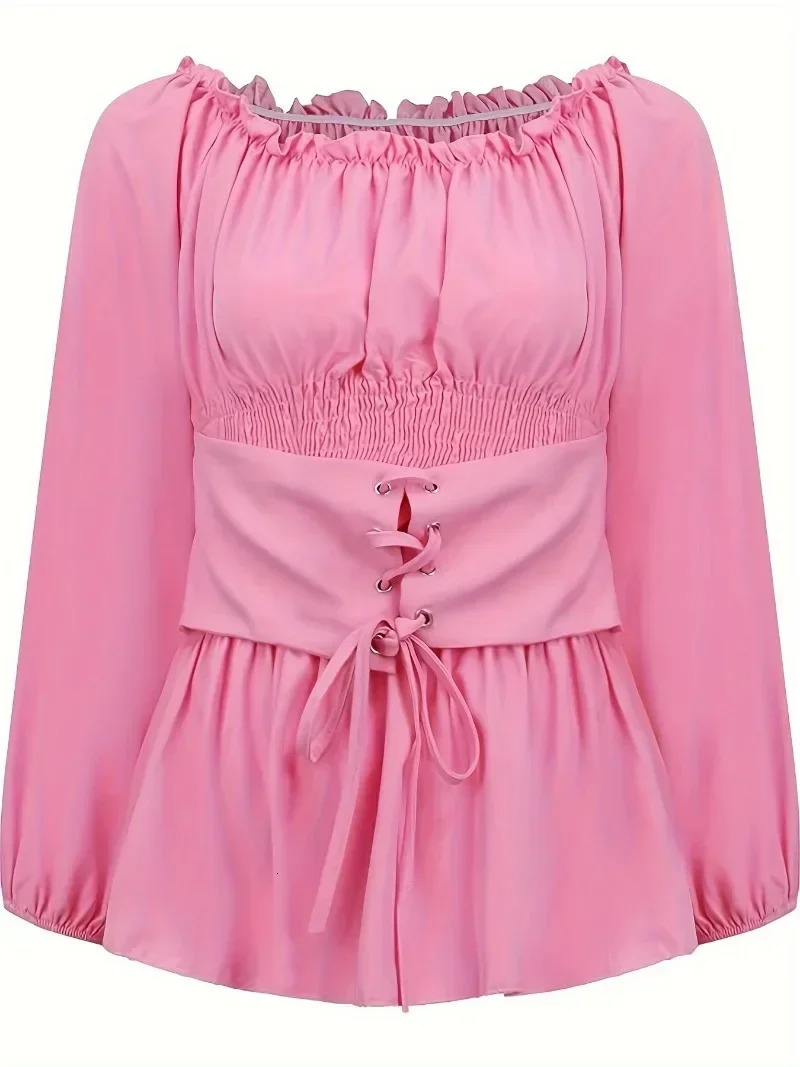 Womens Summer Plus Size 1XL5XL Outfits Versatile Solid Color Long Sleeve Blouse Fashion Off Shoulder Lace Up Corset Shirt 250731
