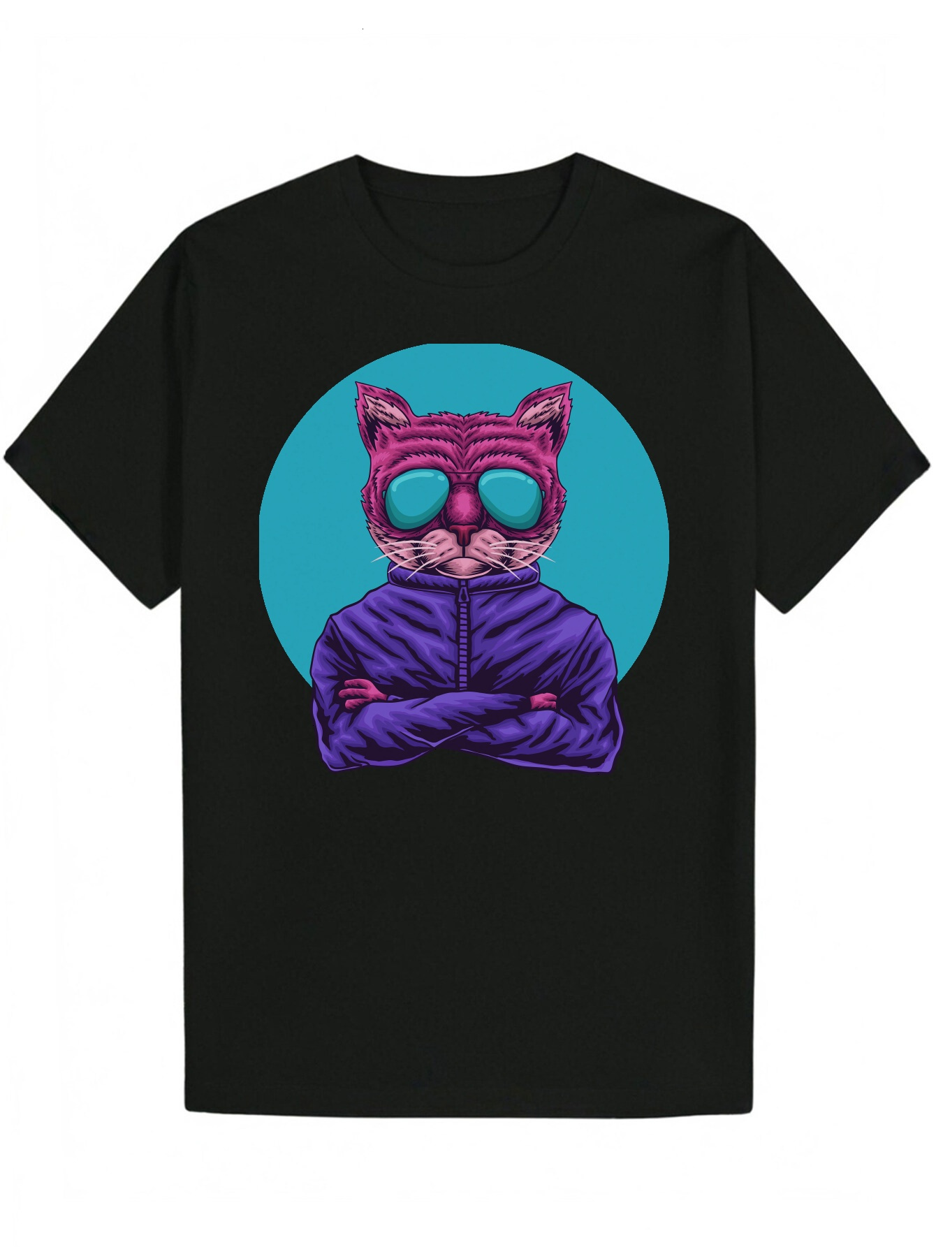 Men's with Cat Mask Design - Black Polyester, Round Neck, Animal Print, Lightweight and Breathable, Suitable for Wear, Summer Casual Wear Playful