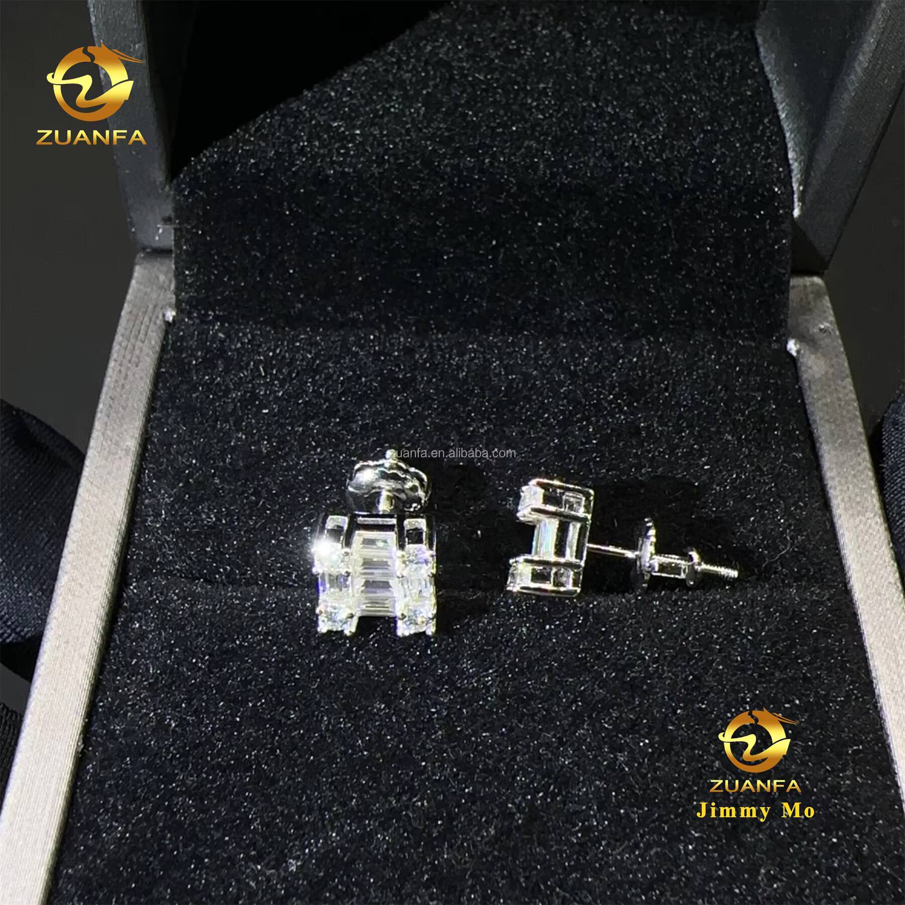 Best Selling Stock Iced Out Man Stud Earrings Baguette Moissanite Diamond Screw Back Setting Hip Hop Stud Earring 925 Silver