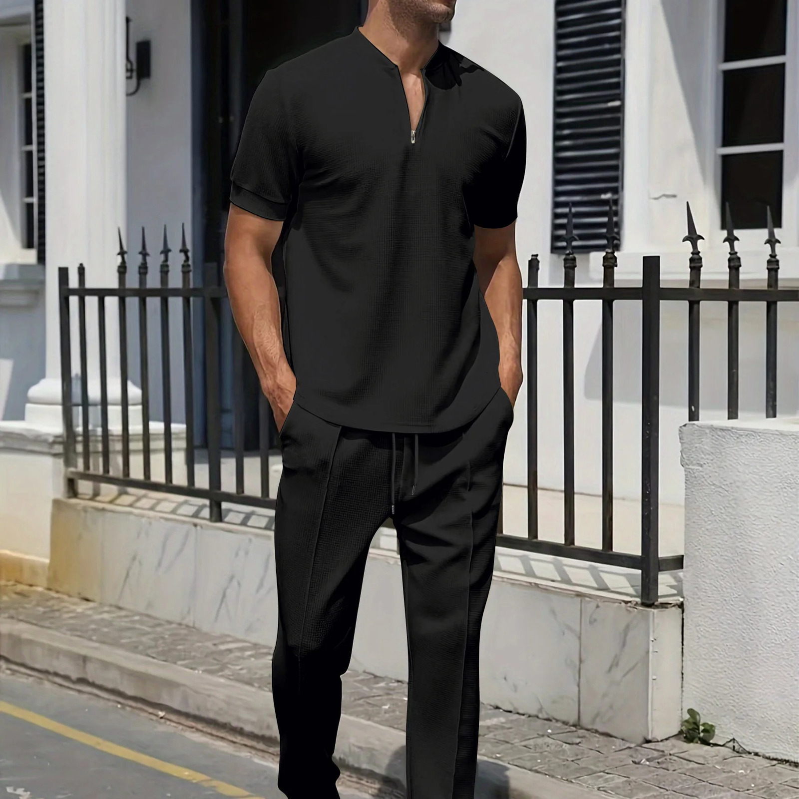 Mens Summer Suit Waffle Fabric ShortSleeved Top Jacquard Polo Shirt Drawstring Trousers 2Piece Set Mens leisure suit 250724