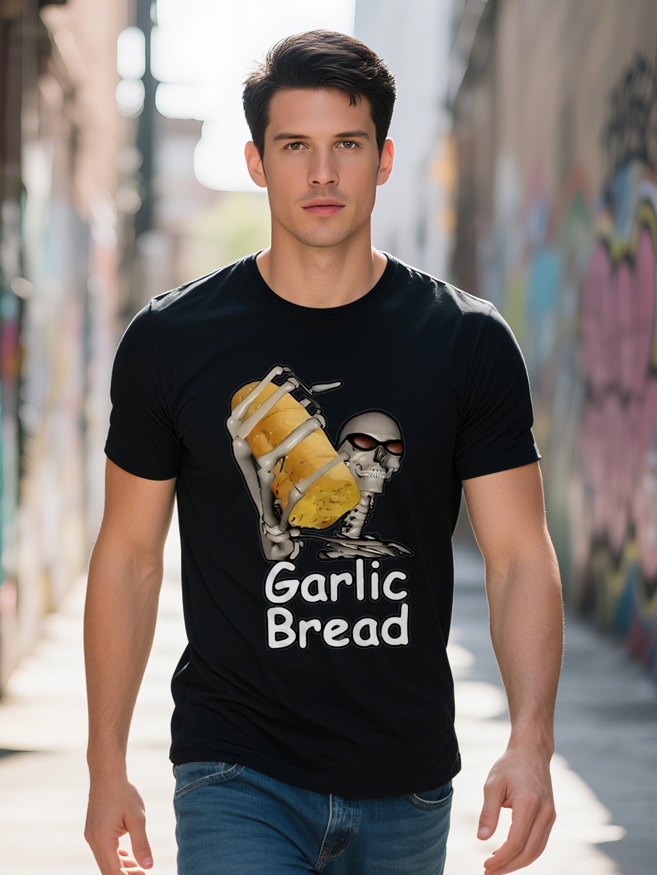 Men's Black Graphic - Fun Garlic Bread Skeleton Design, Crew Neck Short Sleeve T-Shirt, Polyester, Humor and Style Essential, Casual Summer Avant