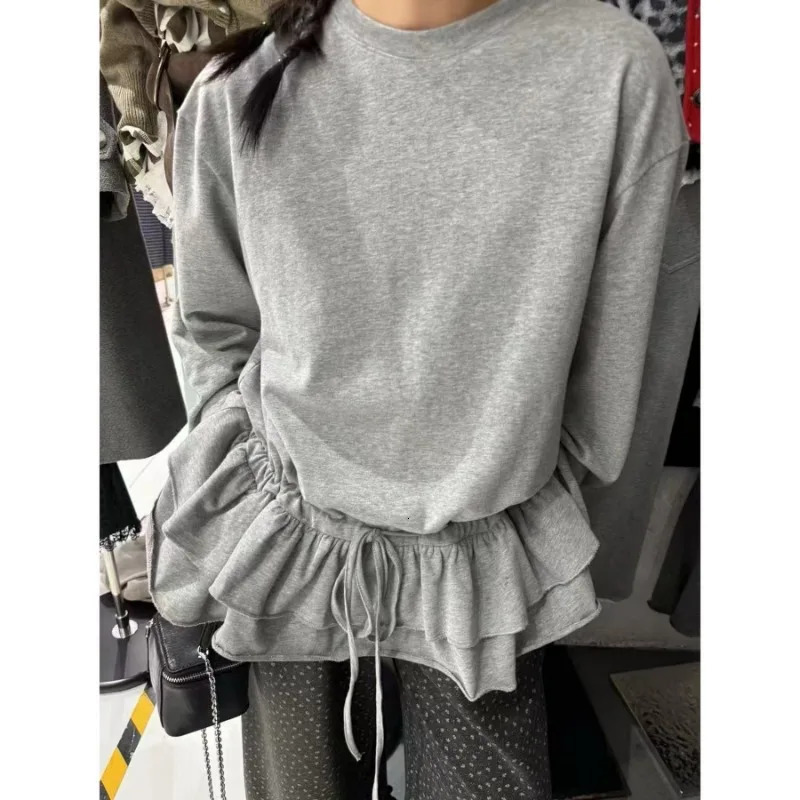 Deeptown Basic Gray Ruffles Knitwear Women Drawstring Long Sleeve Korean Fashion Pullovers Loose Solid Color Casual Autumn 250731