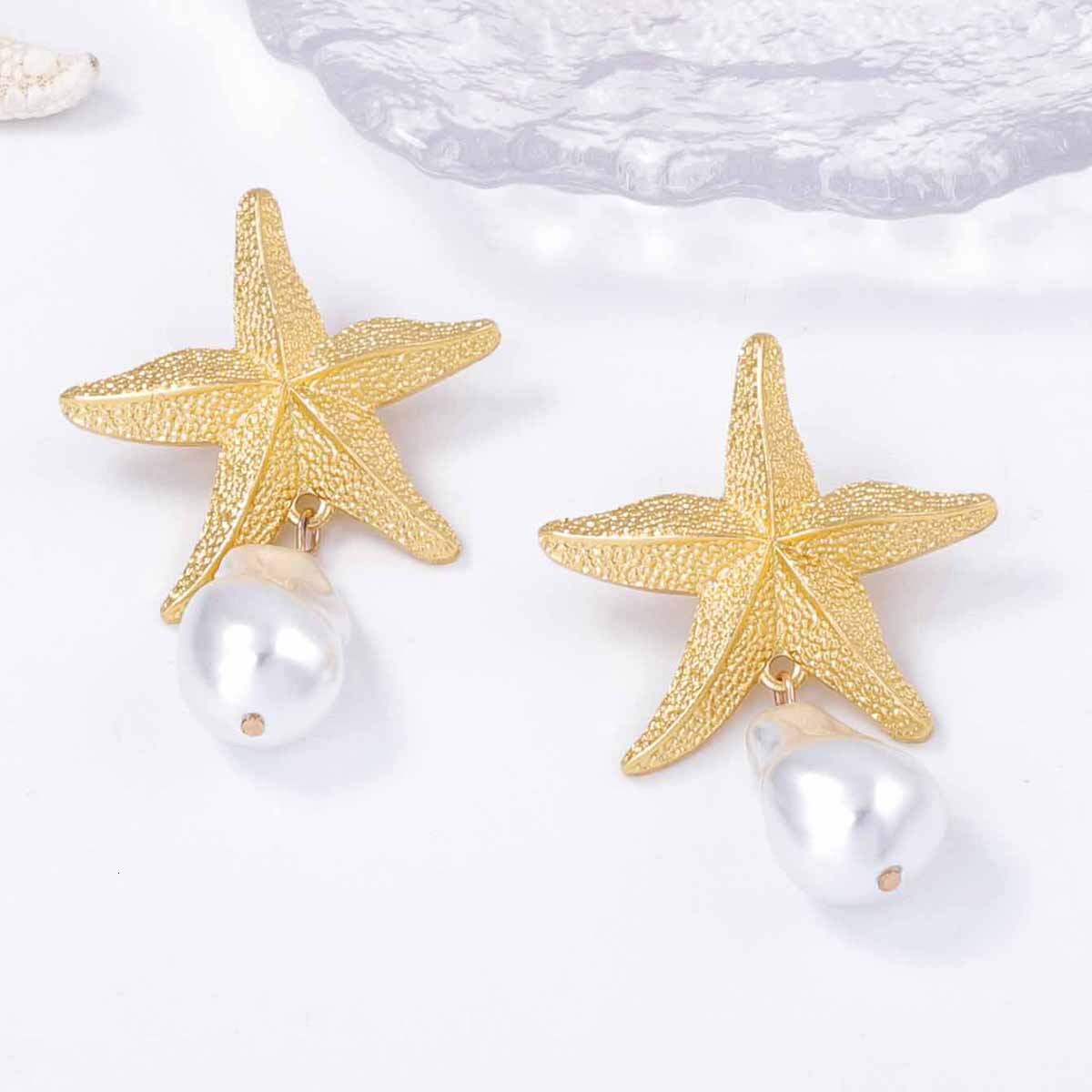 ZA Ocean Leisure Vacation Fashion Simple Alloy Starfish Imitation Pearl Pendant Earrings Versatile Women's Style