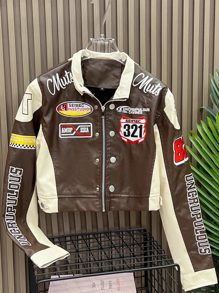 Retro y Motorcycle Cropped Varsity Jackets Women Spring PU Faux Leather Racing Baseball Short Coat Female Outwears 250731