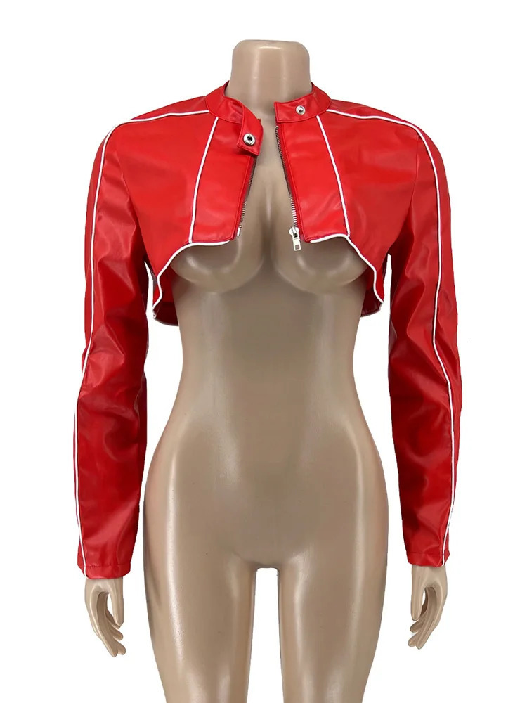 Red PU Faux Leather Sexy Cropped Motorcycle Jackets Women Autumn Fashion Long Sleeve Striped ZipUp Extra Short Coat Female 250731