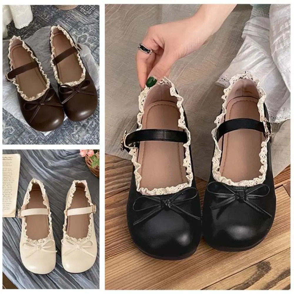 Fashion PU Leather JK Flat Shoes Lace Ruffled Sweet Slip On Loafers Soft Sole Bow Mary Jane Shoes Summer Autumn 250731